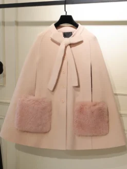 Manteaux gothiques Lolita Manteau rose Nœuds Bloc de couleur Manteau Polyester Hiver Lolita Vêtements d'extérieur
