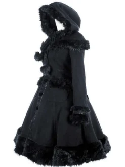 Manteaux gothiques Lolita Manteau noir Pompons Pardessus Polyester Automne Lolita Vêtements d'extérieur