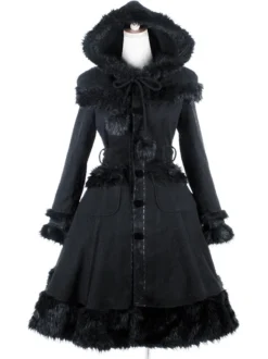 Manteaux gothiques Lolita Manteau noir Pompons Pardessus Polyester Automne Lolita Vêtements d'extérieur