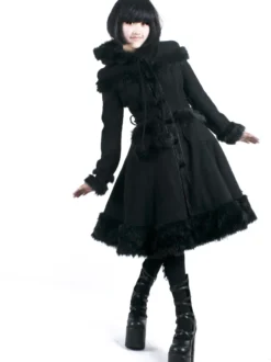Manteaux gothiques Lolita Manteau noir Pompons Pardessus Polyester Automne Lolita Vêtements d'extérieur