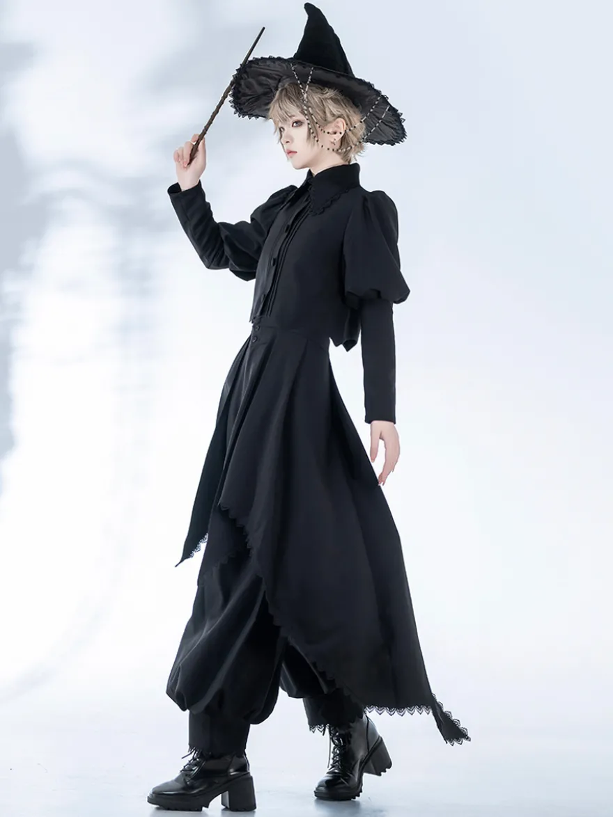 Manteaux gothiques Lolita Manteau noir Nœuds Dentelle Volants Pardessus Polyester Automne Lolita Vêtements d'extérieur