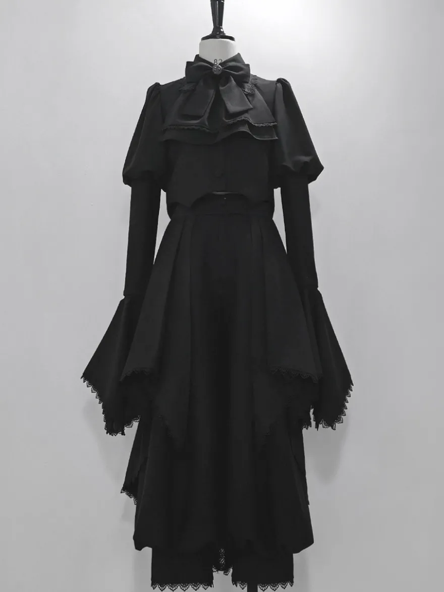 Manteaux gothiques Lolita Manteau noir Nœuds Dentelle Volants Pardessus Polyester Automne Lolita Vêtements d'extérieur