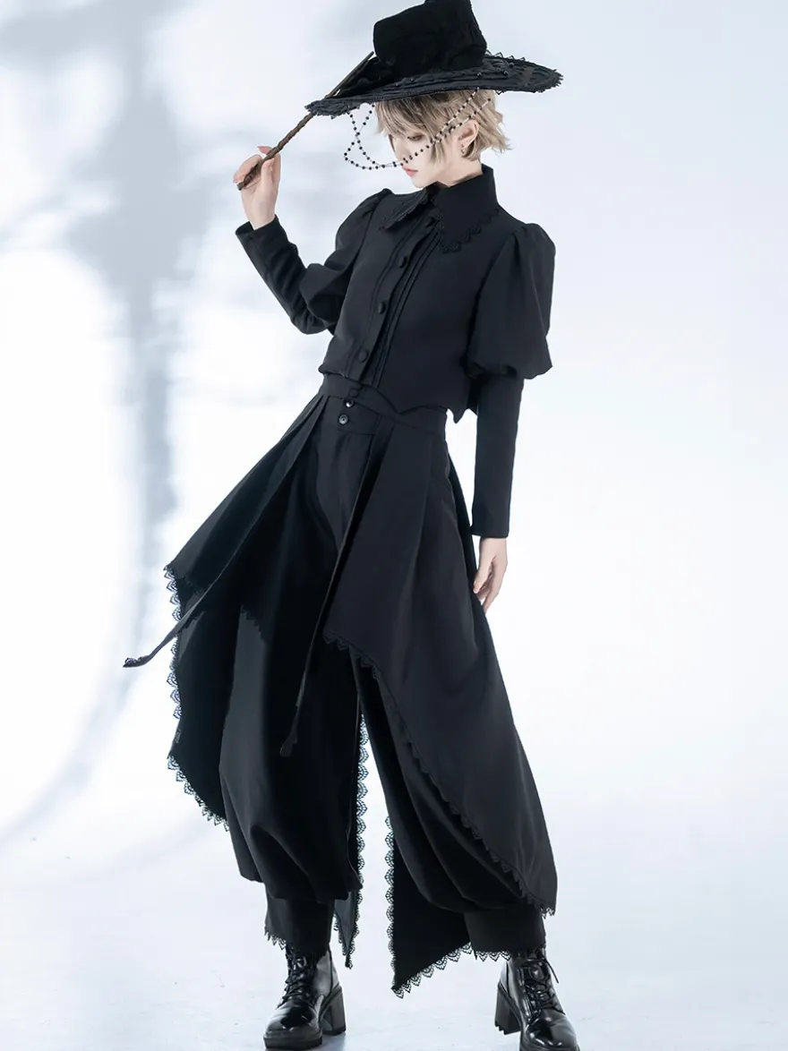 Manteaux gothiques Lolita Manteau noir Nœuds Dentelle Volants Pardessus Polyester Automne Lolita Vêtements d'extérieur
