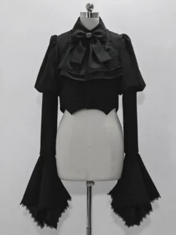 Manteaux gothiques Lolita Manteau noir Nœuds Dentelle Volants Pardessus Polyester Automne Lolita Vêtements d'extérieur