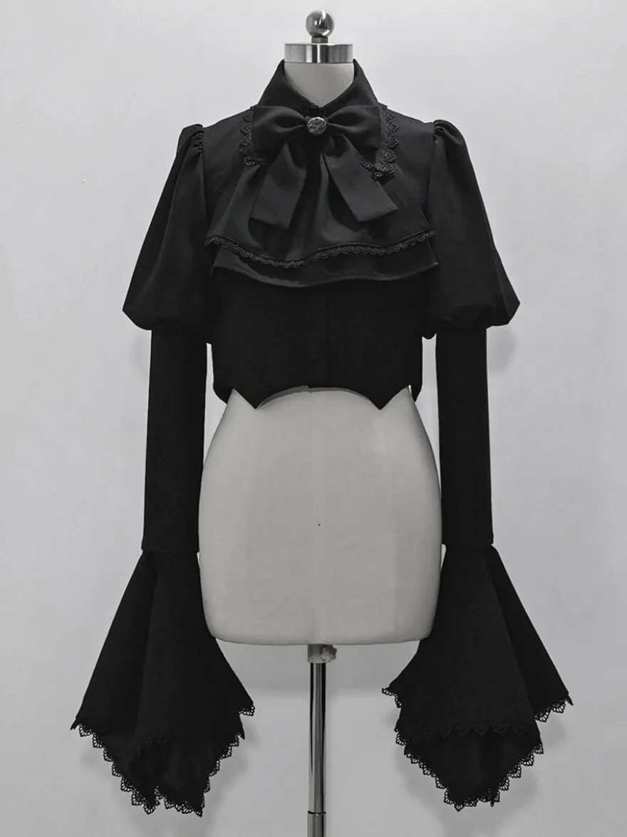 Manteaux gothiques Lolita Manteau noir Nœuds Dentelle Volants Pardessus Polyester Automne Lolita Vêtements d'extérieur