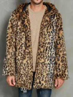 Manteaux Homme Surdimensionné À Capuche Imprimé Léopard Chic Moderne Café Brun