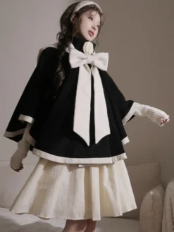 Manteaux Lolita de style ROCOCO Manteau bordeaux Nœuds Manteau bicolore Polyester Vêtements d'extérieur Lolita d'hiver