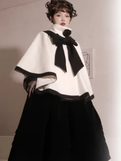 Manteaux Lolita de style ROCOCO Manteau bordeaux Nœuds Manteau bicolore Polyester Vêtements d'extérieur Lolita d'hiver