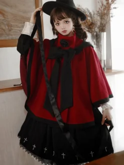 Manteaux Lolita de style ROCOCO Manteau bordeaux Nœuds Manteau bicolore Polyester Vêtements d'extérieur Lolita d'hiver