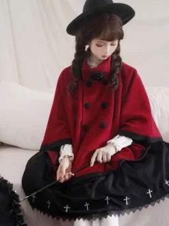 Manteaux Lolita de style ROCOCO Manteau bordeaux Nœuds Manteau bicolore Polyester Vêtements d'extérieur Lolita d'hiver