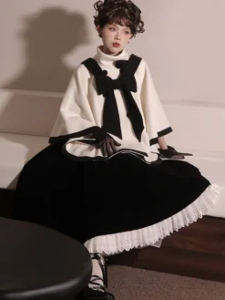 Manteaux Lolita de style ROCOCO Manteau bordeaux Nœuds Manteau bicolore Polyester Vêtements d'extérieur Lolita d'hiver