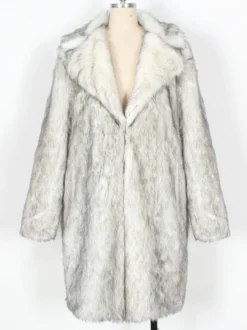 Manteaux Long En Fausse Fourrure Hiver Chaud Hommes Gris Clair Veste Manches Longues Col Rabattu