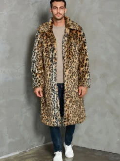 Manteaux Long En Fausse Fourrure Hiver Chaud Hommes Léopard Veste Manches Longues Col Rabattu