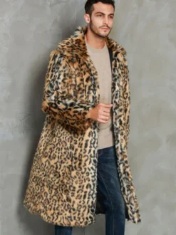 Manteaux Long En Fausse Fourrure Hiver Chaud Hommes Léopard Veste Manches Longues Col Rabattu