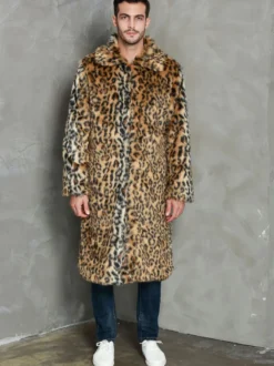 Manteaux Long En Fausse Fourrure Hiver Chaud Hommes Léopard Veste Manches Longues Col Rabattu