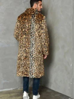 Manteaux Long En Fausse Fourrure Hiver Chaud Hommes Léopard Veste Manches Longues Col Rabattu