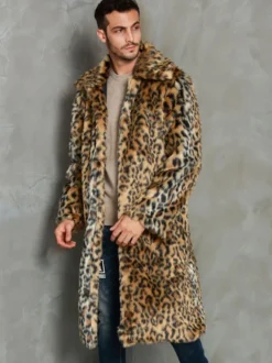 Manteaux Long En Fausse Fourrure Hiver Chaud Hommes Léopard Veste Manches Longues Col Rabattu