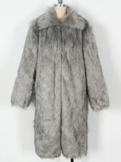 Manteaux Long En Fausse Fourrure Hiver Chaud Hommes Gris Veste Manches Longues Col Rabattu