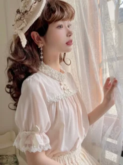 Mignonne Lolita Blouses Abricot Clair Col Montant Manches Courtes Bouffantes Nœud Lolita Top Lolita Shirt