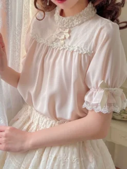 Mignonne Lolita Blouses Abricot Clair Col Montant Manches Courtes Bouffantes Nœud Lolita Top Lolita Shirt