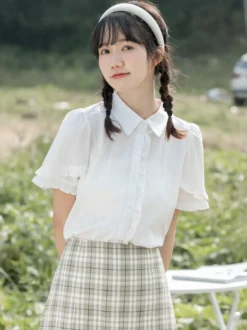 Mignonne Lolita Blouses Blanc Manches Courtes Dentelle Lolita Top Lolita Chemise