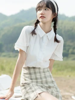 Mignonne Lolita Blouses Blanc Manches Courtes Dentelle Lolita Top Lolita Chemise