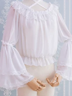 Mignonne Lolita Blouses Noir Manches Longues Bouffant Lolita Top Lolita Shirt à Bretelle