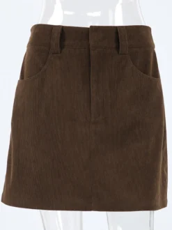 Mini-jupe femme en velours côtelé marron - Coupe rétro taille haute slim trapèze - Collection printemps-été 2026