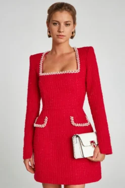 Mini robe à col en U et manches longues pour femme tenue de soirée d'anniversaire semi-formelle 2026