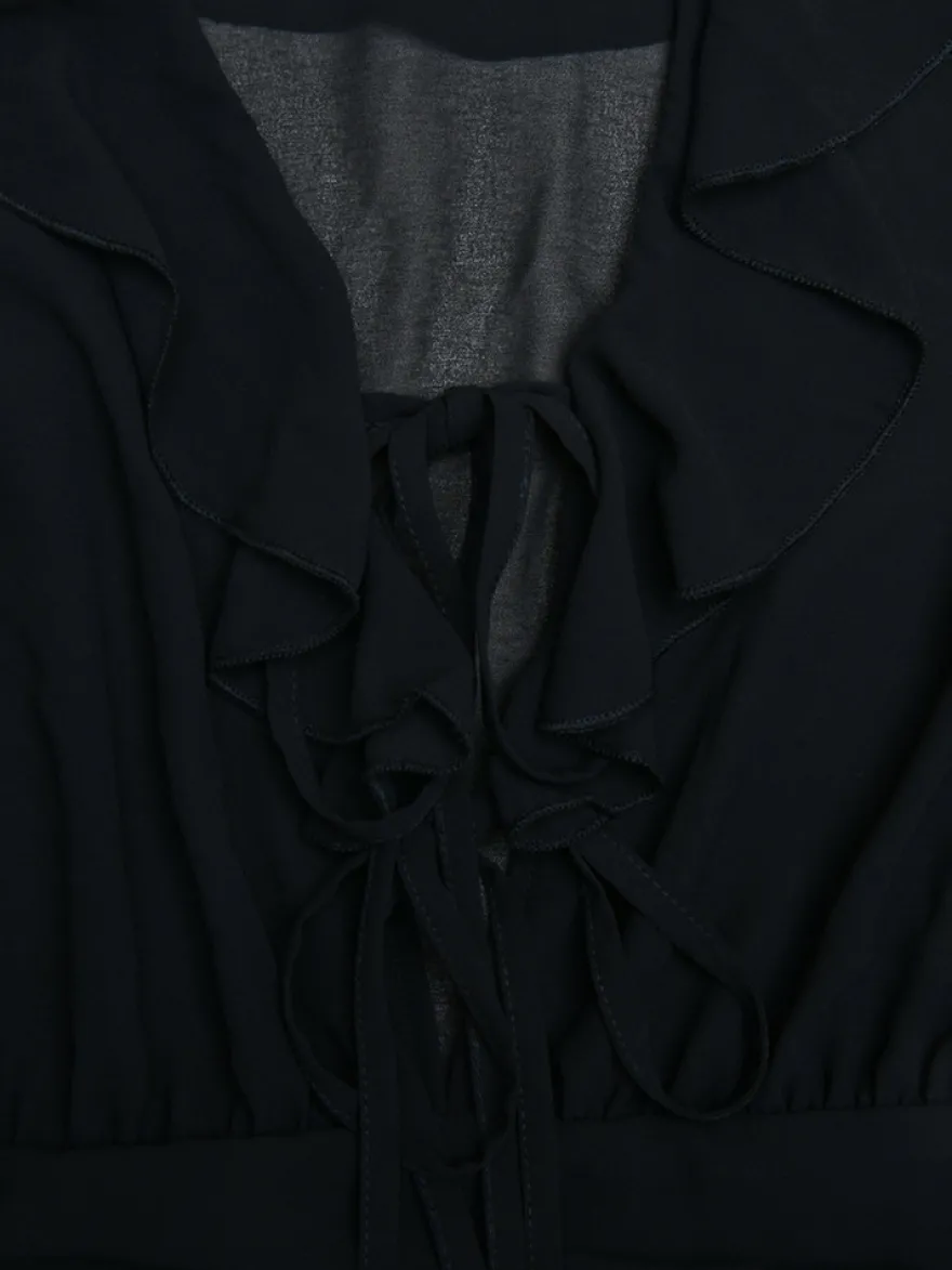 Mini robe patineuse à col en V et manches longues avec nœud sur le devant pour femme 2026