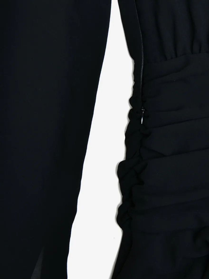 Mini robe patineuse à col en V et manches longues avec nœud sur le devant pour femme 2026