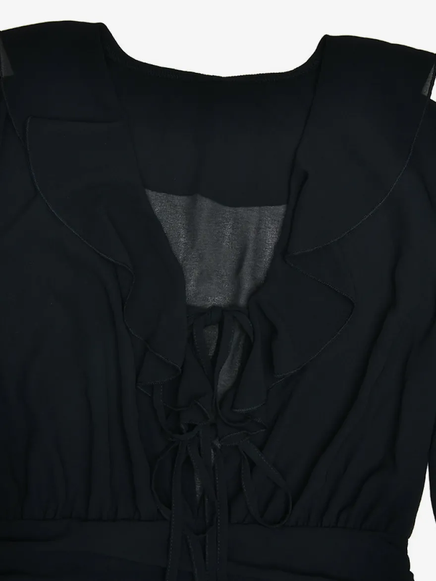 Mini robe patineuse à col en V et manches longues avec nœud sur le devant pour femme 2026