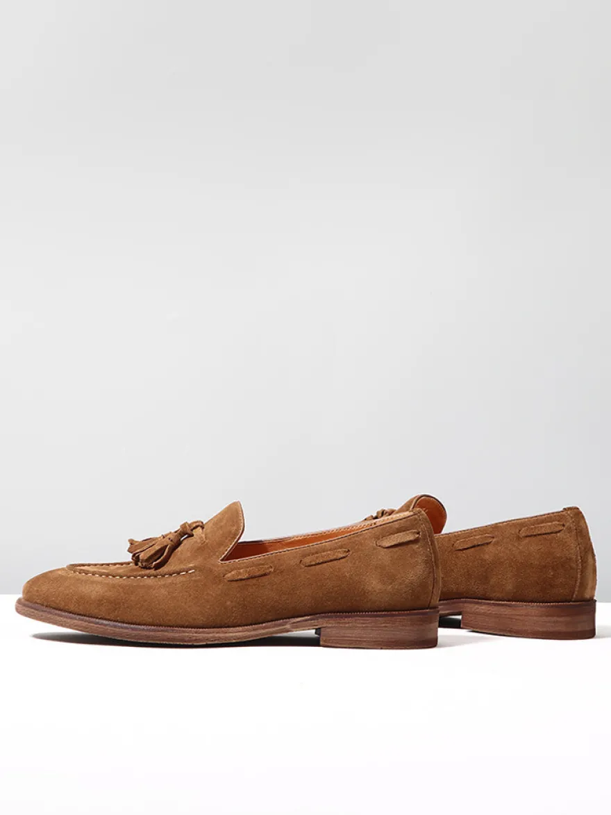 Mocassins bateau en daim pour hommes bout rond chaussures décontractées à enfiler avec pompons