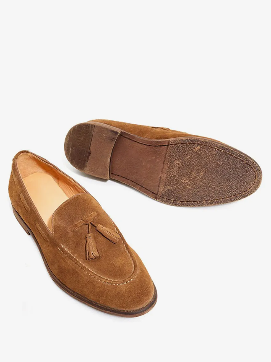 Mocassins bateau en daim pour hommes bout rond chaussures décontractées à enfiler avec pompons