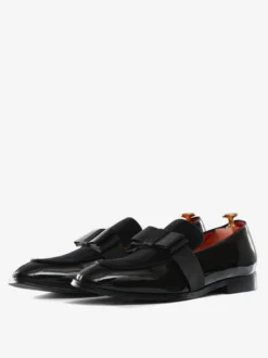 Mocassins belges en cuir verni pour homme à enfiler avec nœud bout rond pour smoking bal fête mariage