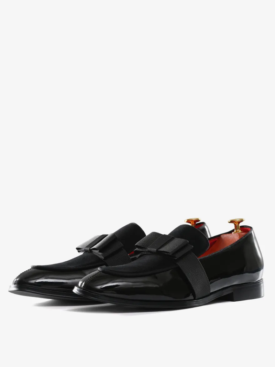 Mocassins belges en cuir verni pour homme à enfiler avec nœud bout rond pour smoking bal fête mariage