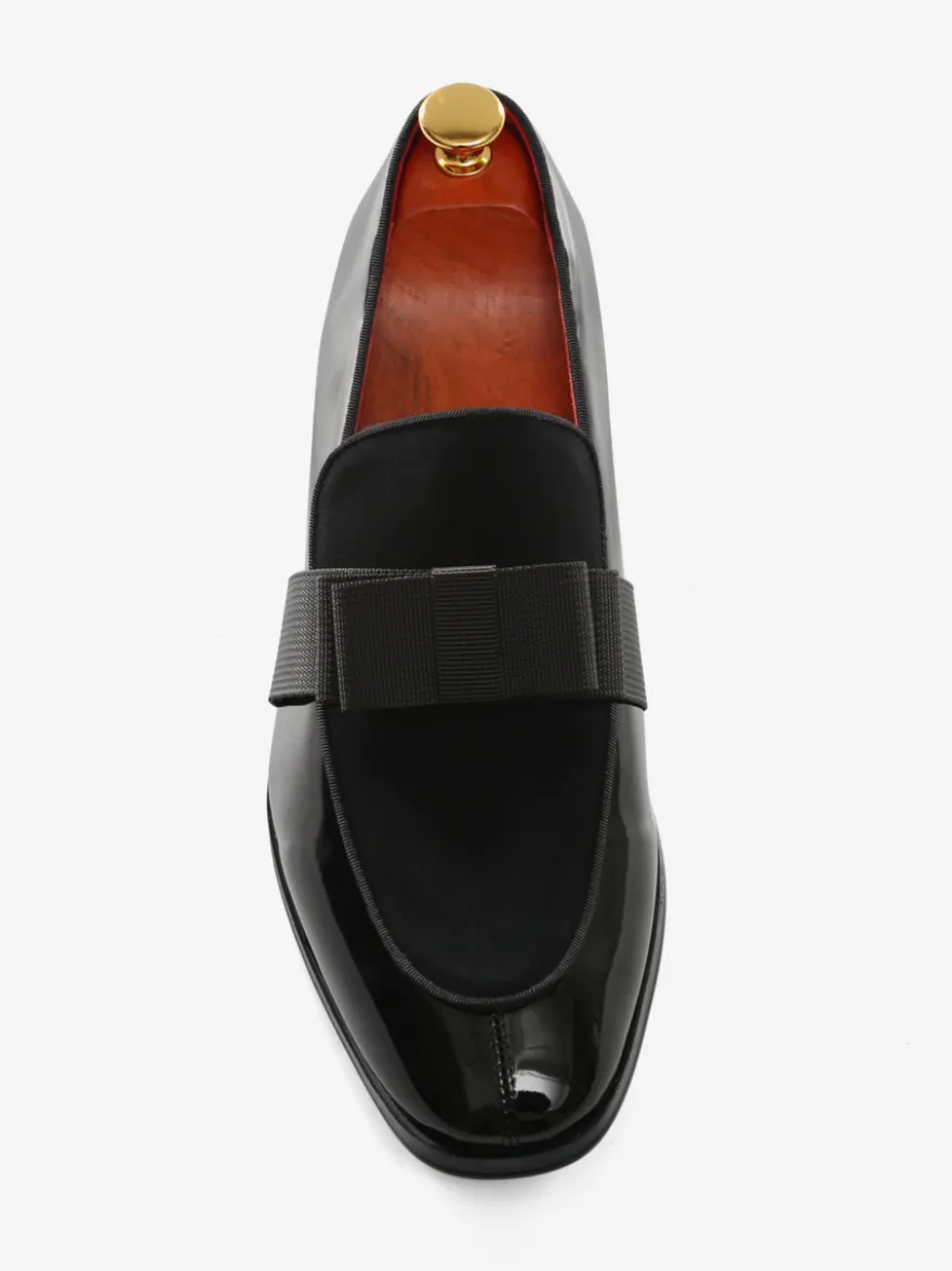 Mocassins belges en cuir verni pour homme à enfiler avec nœud bout rond pour smoking bal fête mariage