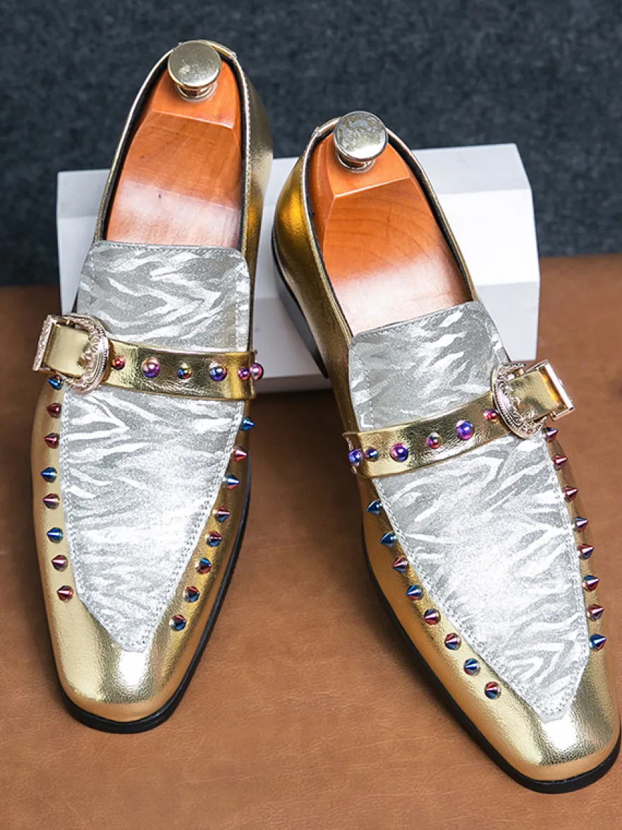 Mocassins à boucle pour hommes en cuir et daim chaussures à bout rond et talons bas style patchwork chaussures de soirée
