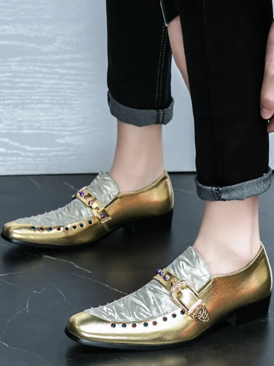 Mocassins à boucle pour hommes en cuir et daim chaussures à bout rond et talons bas style patchwork chaussures de soirée