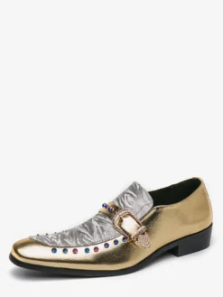 Mocassins à boucle pour hommes en cuir et daim chaussures à bout rond et talons bas style patchwork chaussures de soirée