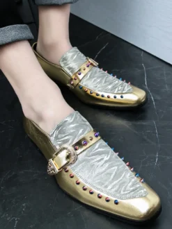 Mocassins à boucle pour hommes en cuir et daim chaussures à bout rond et talons bas style patchwork chaussures de soirée
