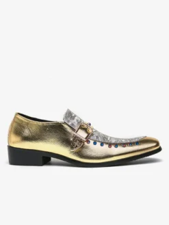 Mocassins à boucle pour hommes en cuir et daim chaussures à bout rond et talons bas style patchwork chaussures de soirée