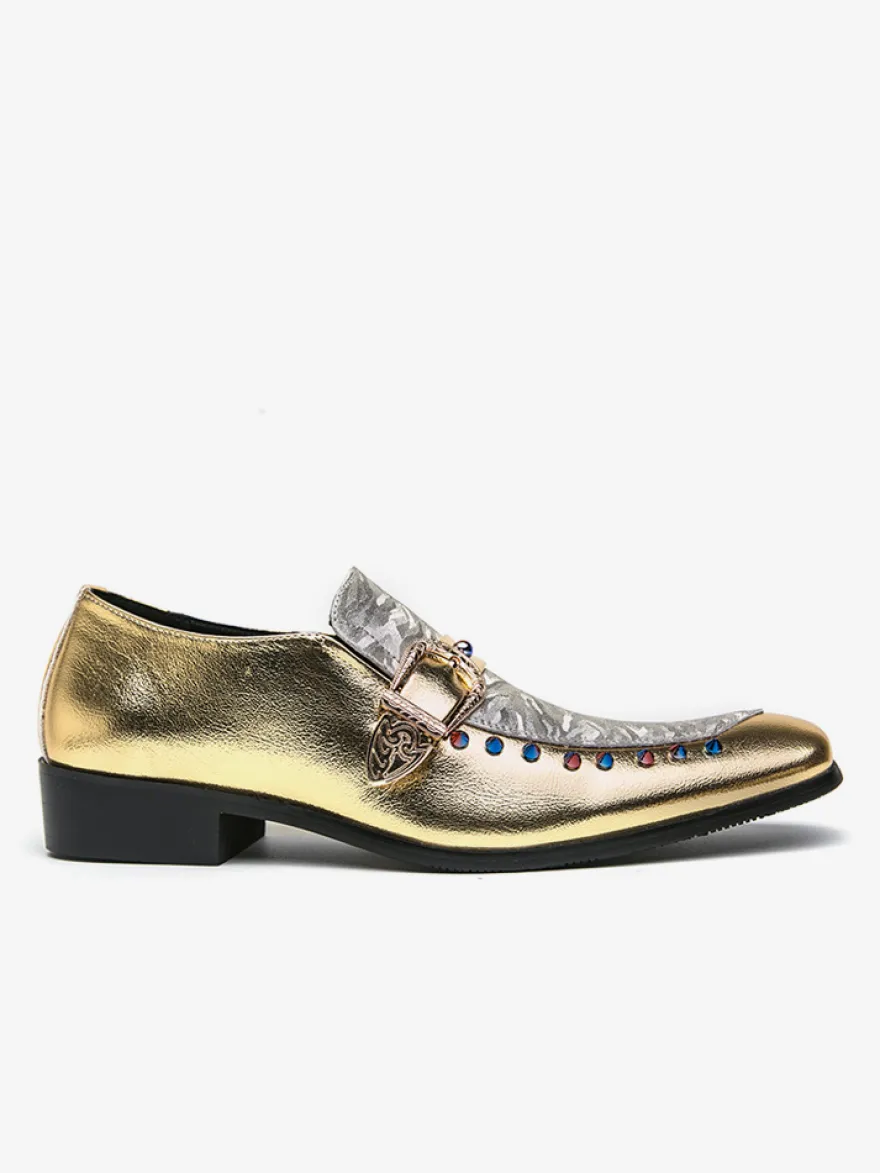 Mocassins à boucle pour hommes en cuir et daim chaussures à bout rond et talons bas style patchwork chaussures de soirée
