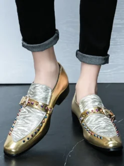 Mocassins à boucle pour hommes en cuir et daim chaussures à bout rond et talons bas style patchwork chaussures de soirée
