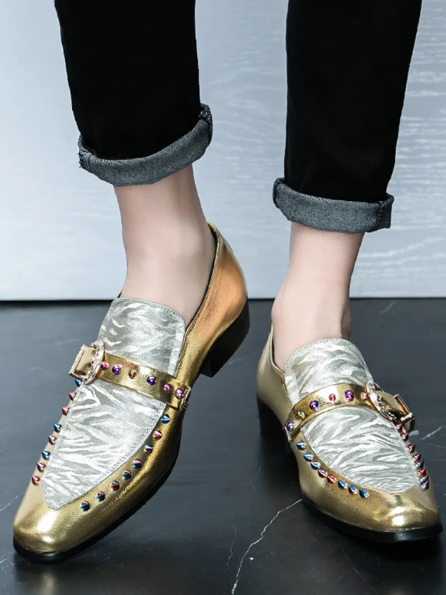 Mocassins à boucle pour hommes en cuir et daim chaussures à bout rond et talons bas style patchwork chaussures de soirée