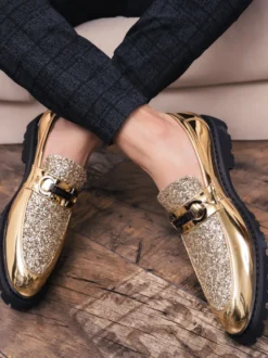 Mocassins à bout pointu brillants pour hommes chaussures habillées à enfiler