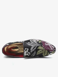 Mocassins brodés pour hommes chaussures à enfiler en tissu à motif floral bout pointu style vintage talon carré