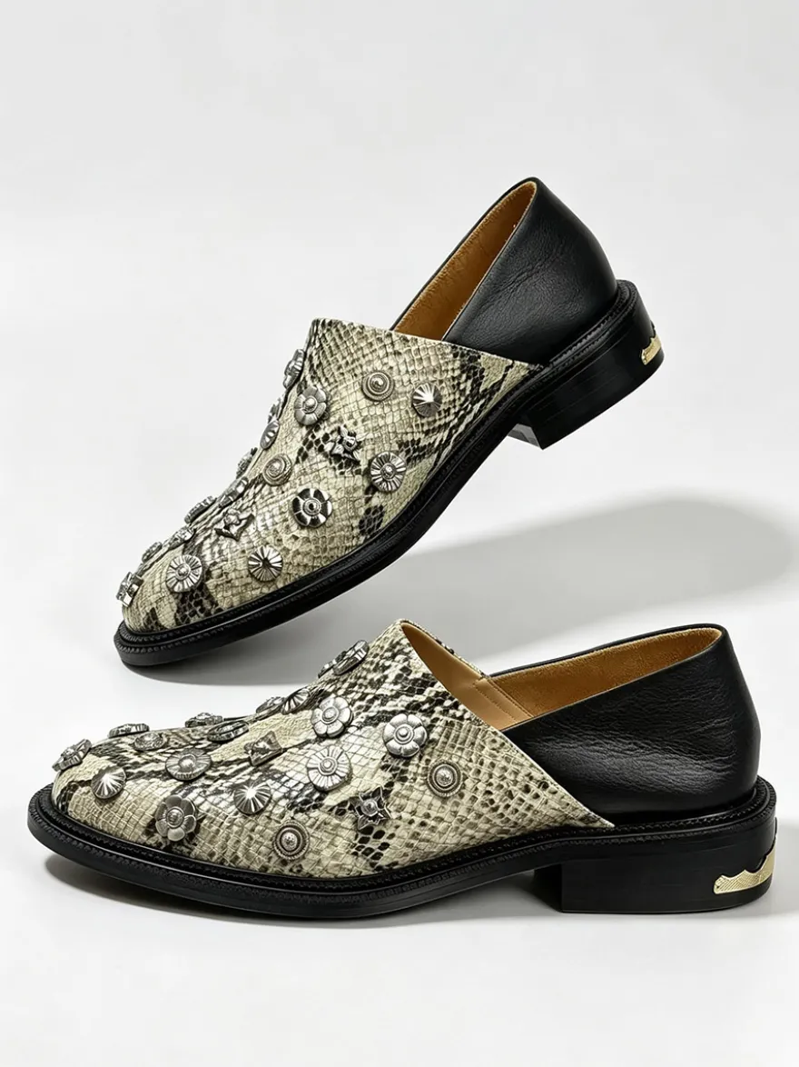 Mocassins décontractés pour hommes bout rond motif serpent ornés de perles