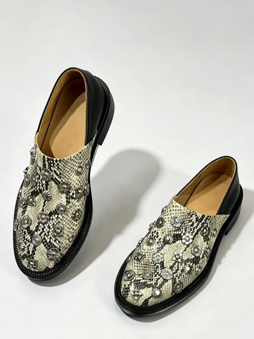 Mocassins décontractés pour hommes bout rond motif serpent ornés de perles