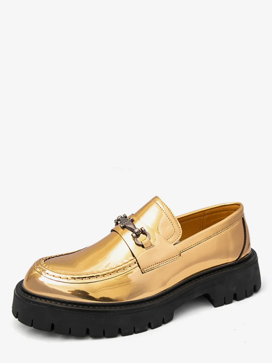 Mocassins dorés pour hommes bout rond détails métalliques chaussures habillées à enfiler